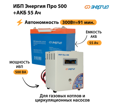 ИБП Энергия Про 500 + Аккумулятор S 55 Ач (300Вт - 91мин)